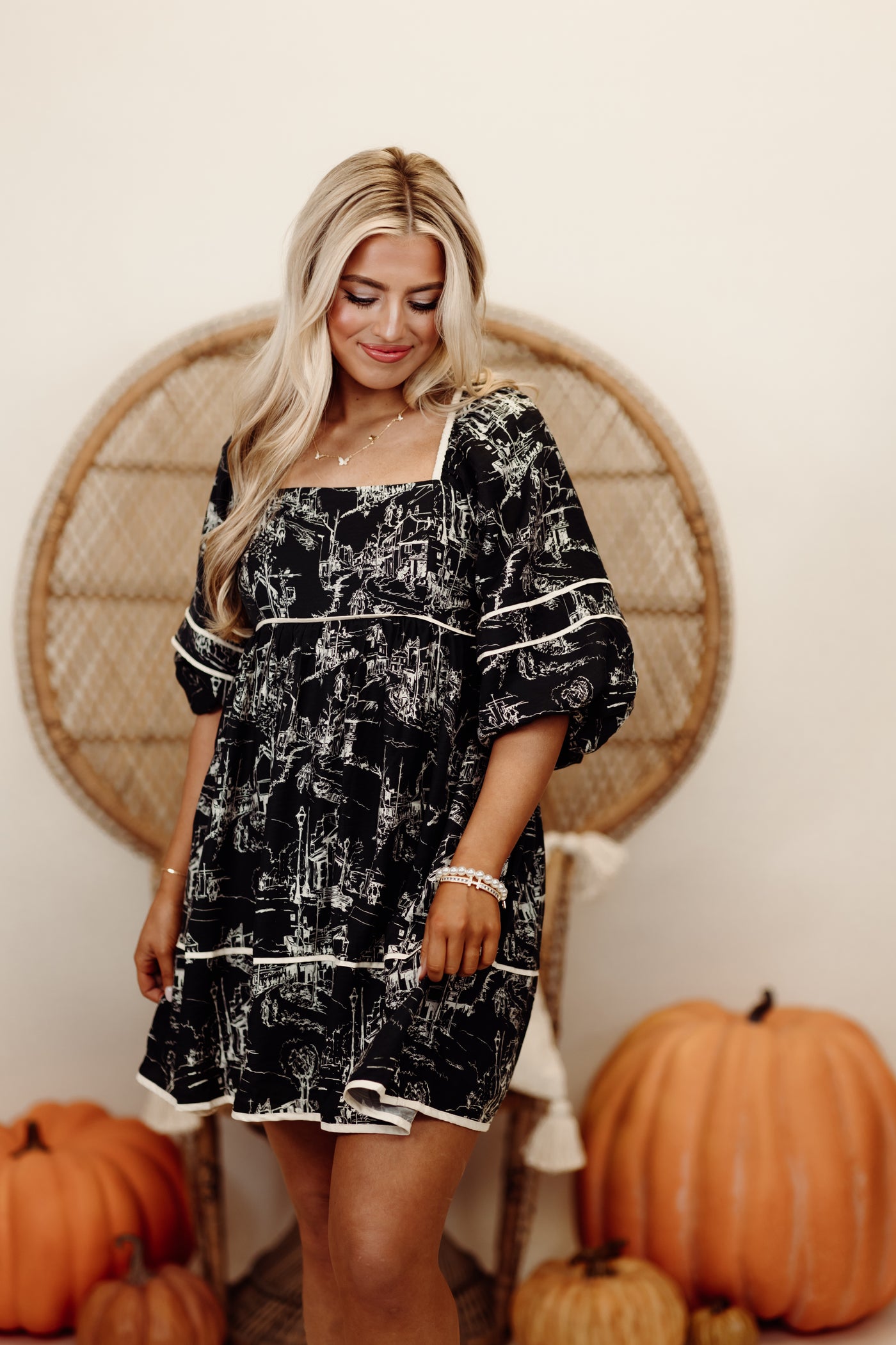 Charcoal Printed Square Neck Puff Sleeve Mini Dress