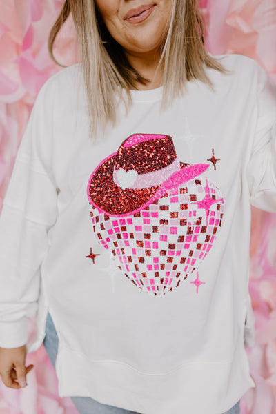 White and Pink Mix Sequin Disco Cowgirl Sweatshirt
