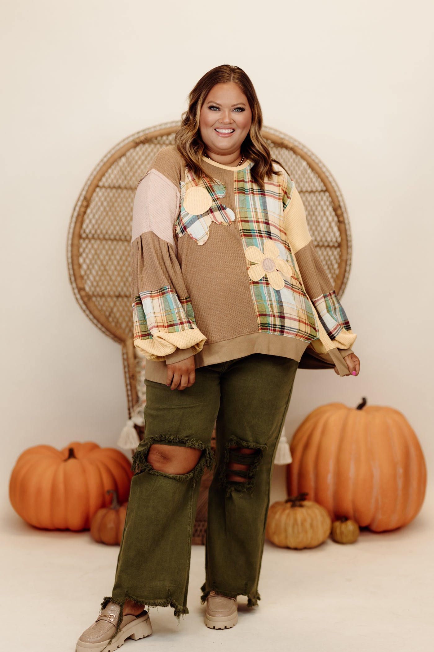 Mocha Combo Plaid Mix Daisy Patch Oversized Top