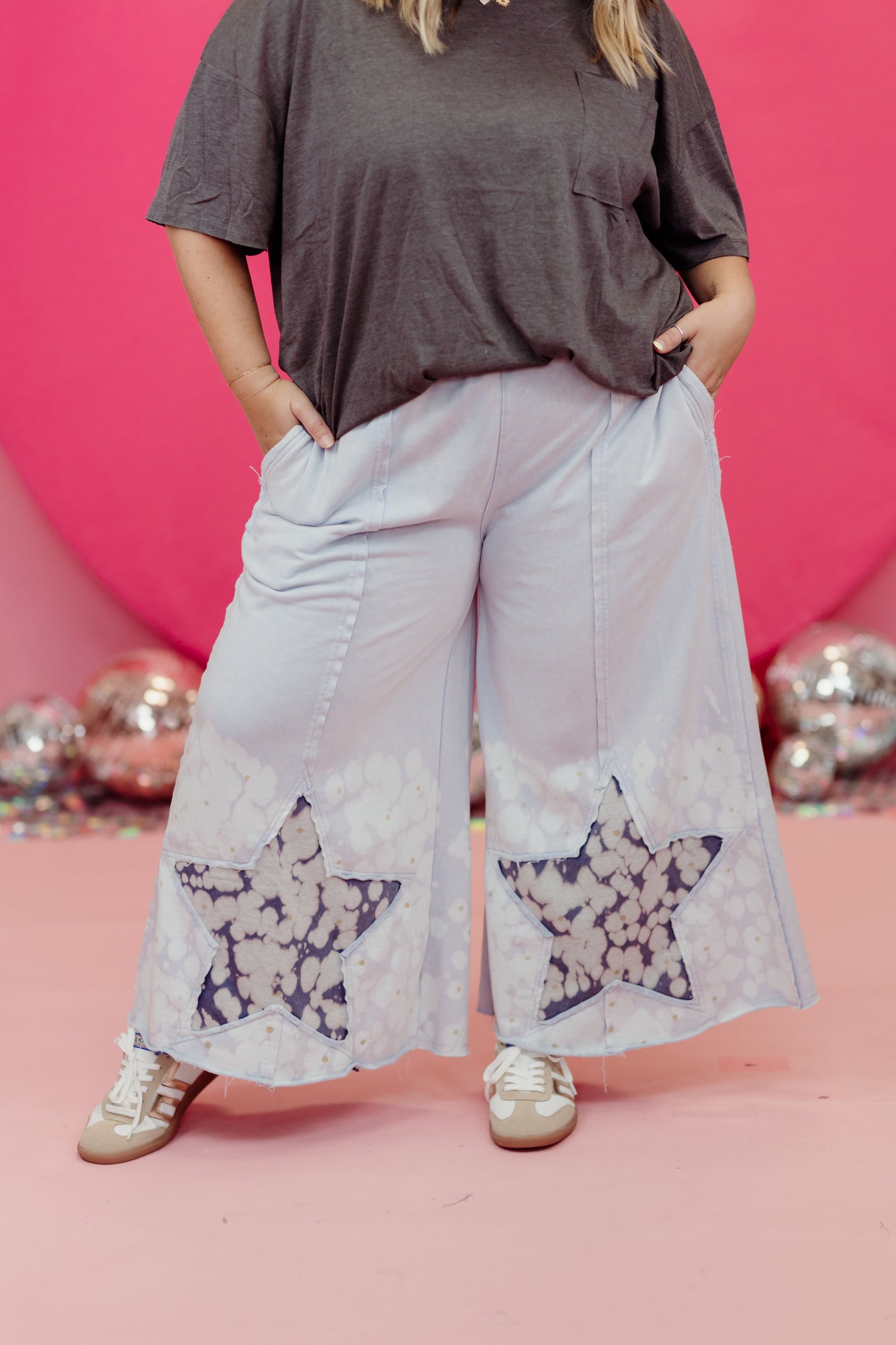 Baby Blue Washed Star Detail Wide Leg Pants