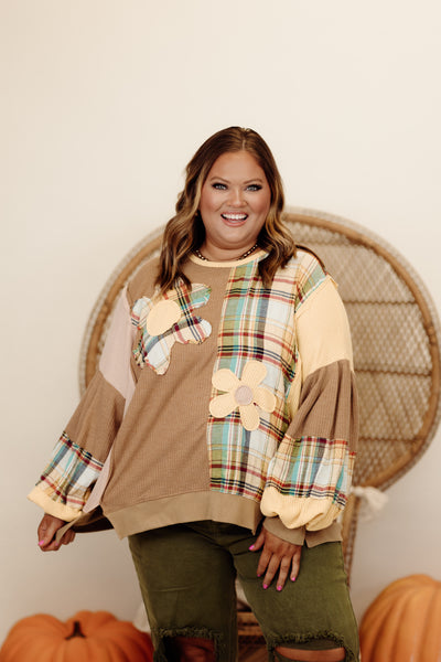 Mocha Combo Plaid Mix Daisy Patch Oversized Top