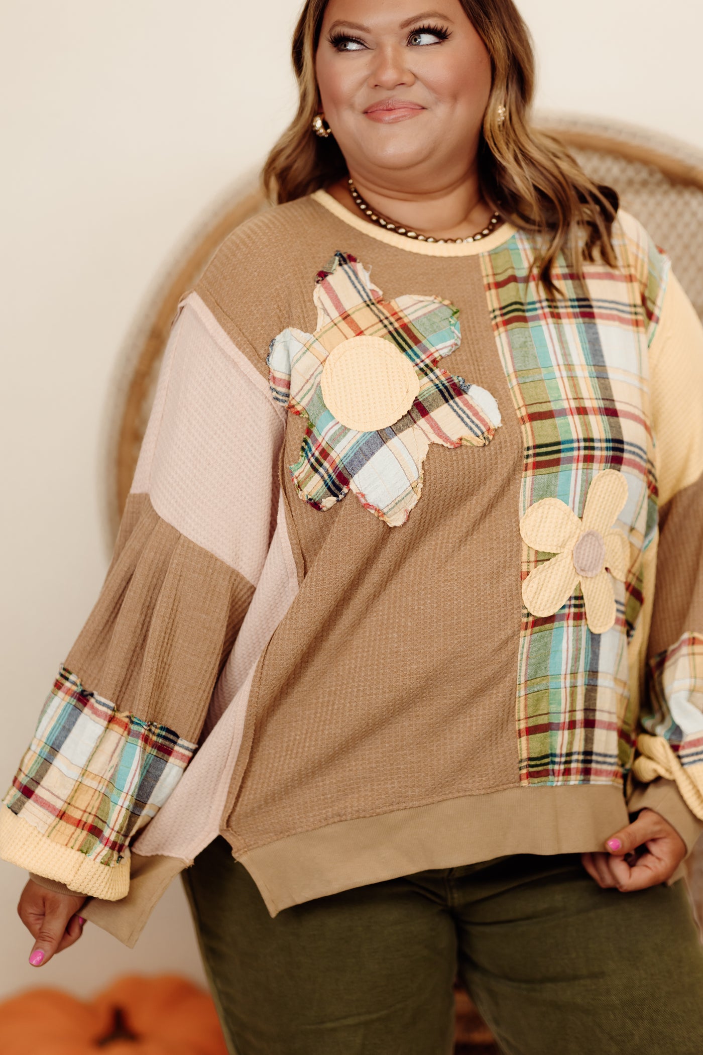 Mocha Combo Plaid Mix Daisy Patch Oversized Top