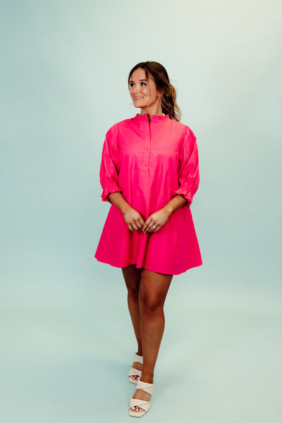 Pink Pleated Detail Puff Sleeve Dress