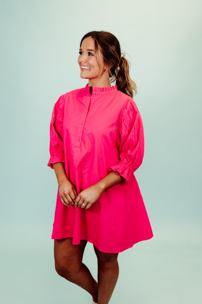 Pink Pleated Detail Puff Sleeve Dress