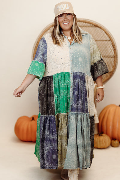 Blue Patchwork Oversized Shirt Dress