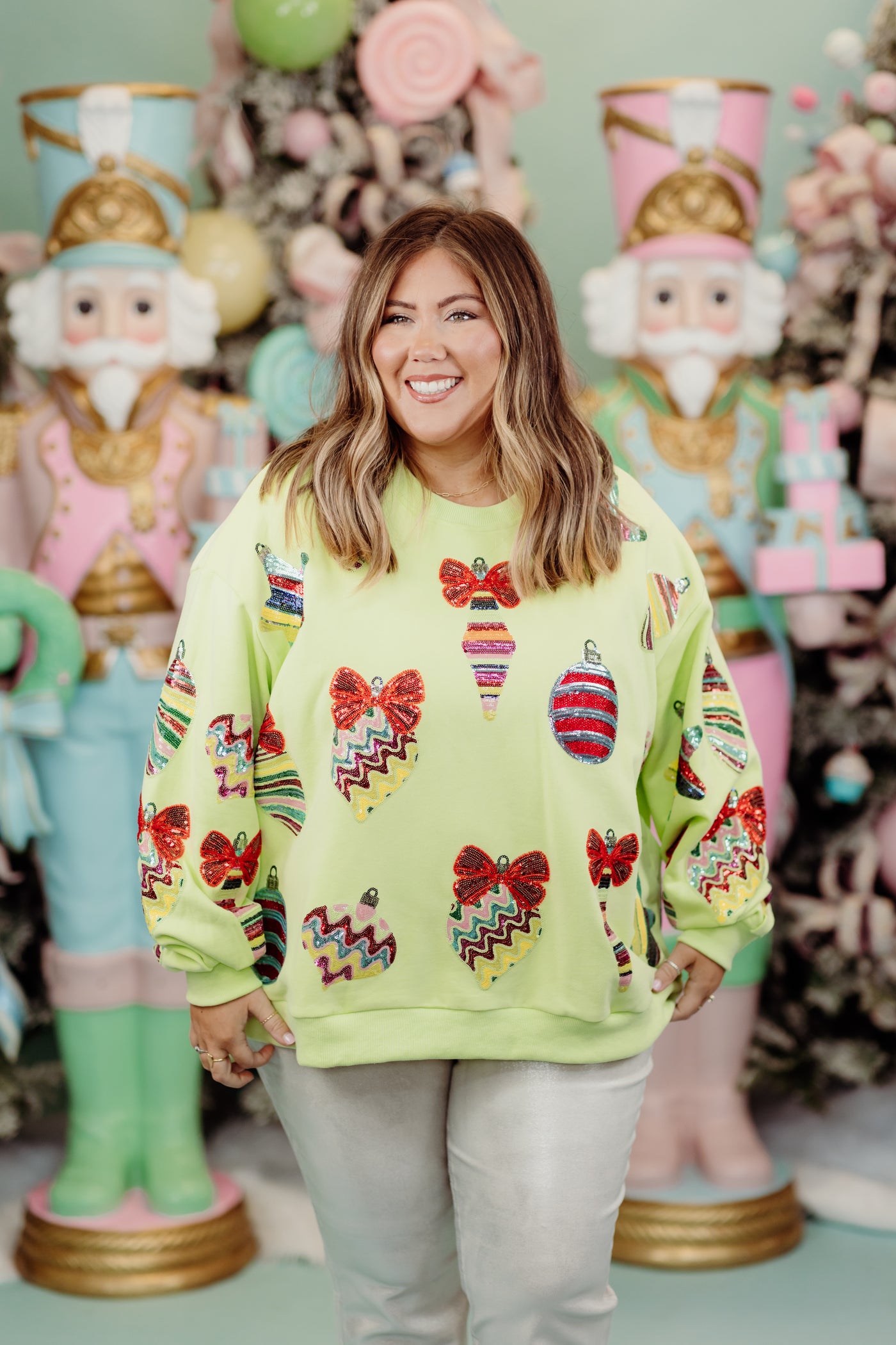 Queen of Sparkles Pale Green Patterned Ornament & Bows Sweatshirt