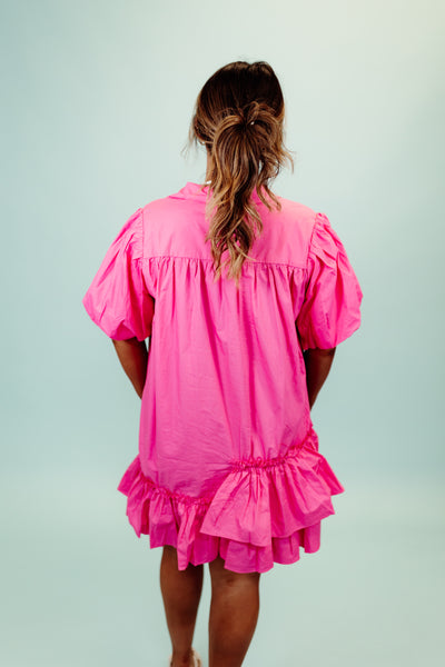 Karlie Hot Pink Solid Poplin Ruffle Bottom Puff Sleeve Dress