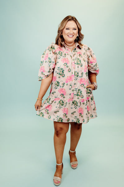 Peach Mix Floral Collared Puff Sleeve Dress