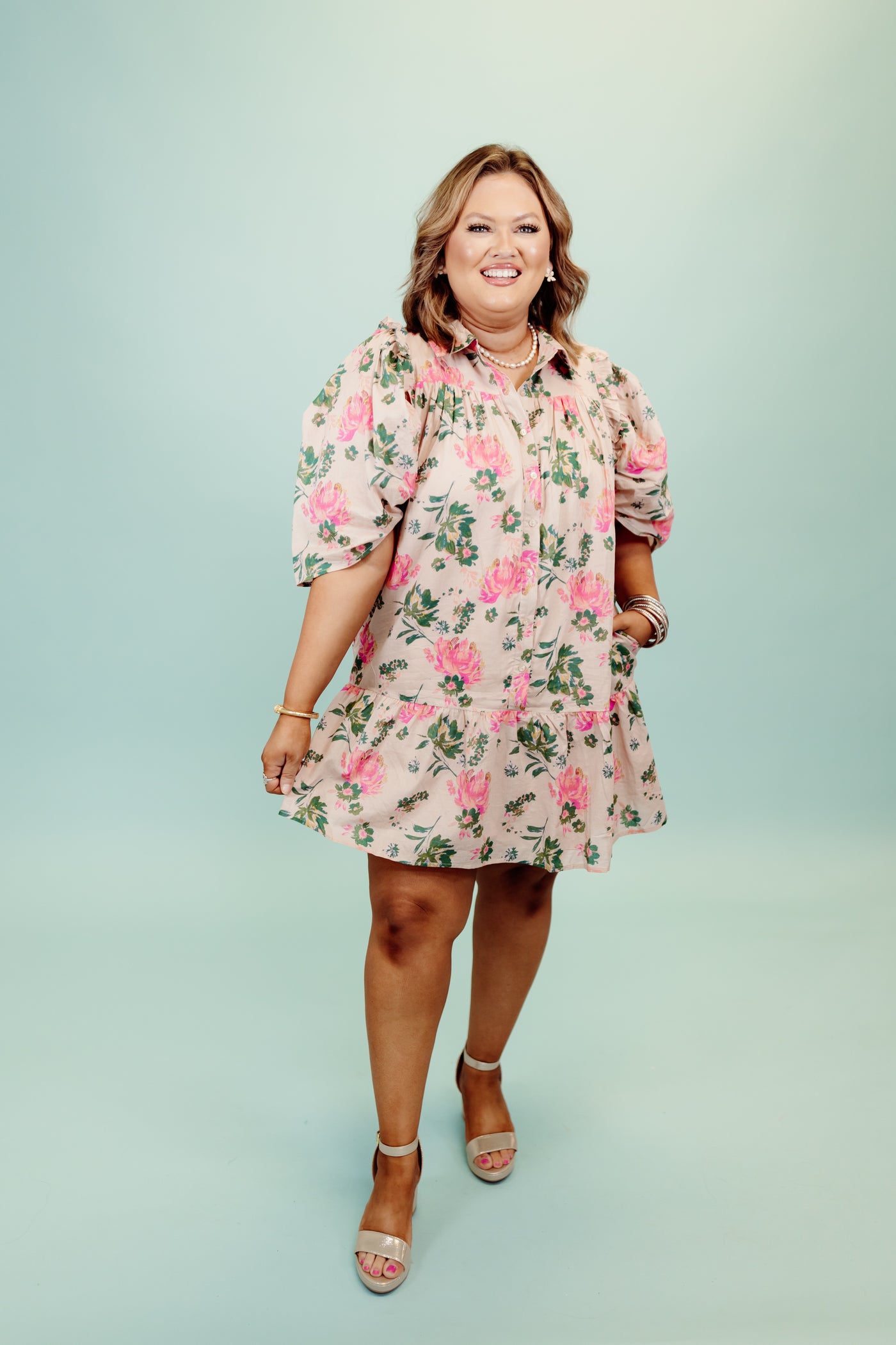 Peach Mix Floral Collared Puff Sleeve Dress
