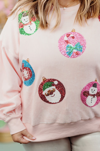 Pink Corduroy Sequin Embroidered Ornaments Sweater