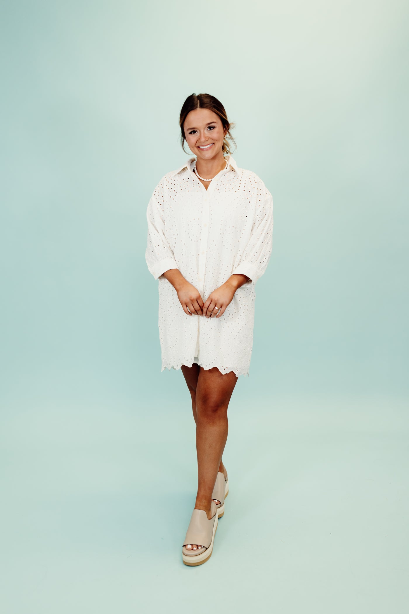 Ivory Button Down 3/4 Sleeve Eyelet Dress