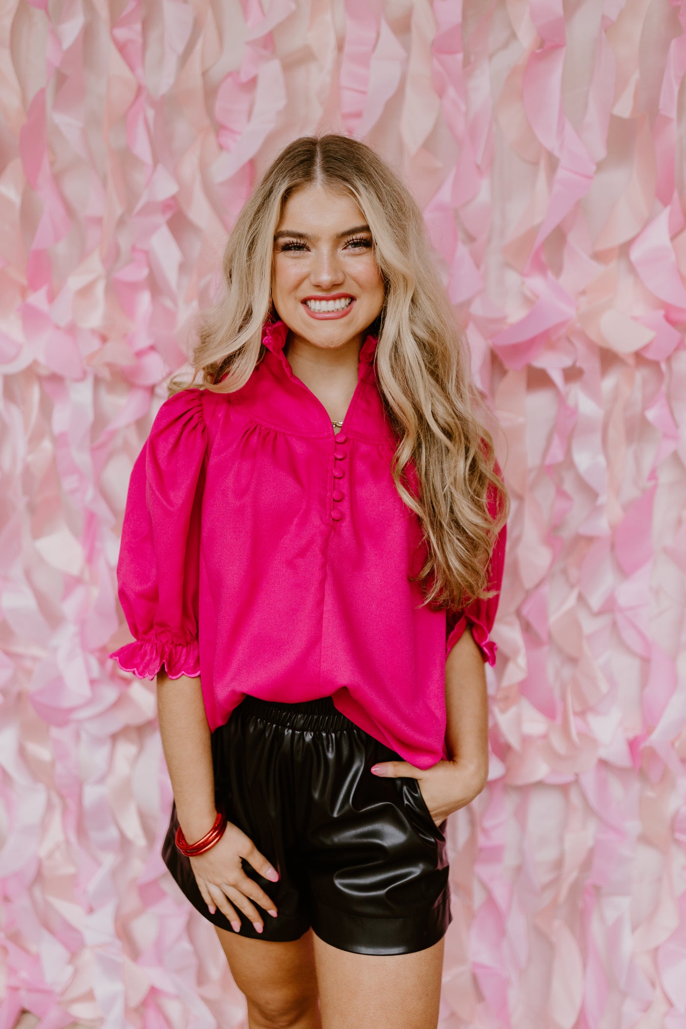 Hot Pink Scalloped High Neck Button Blouse
