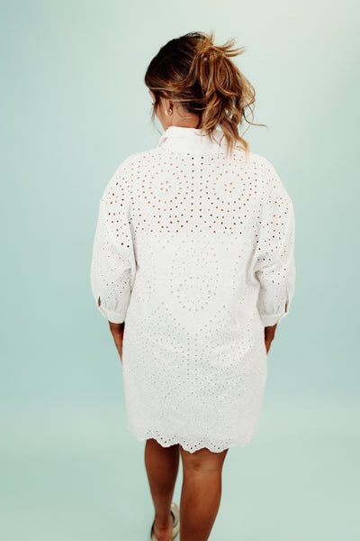 Ivory Button Down 3/4 Sleeve Eyelet Dress