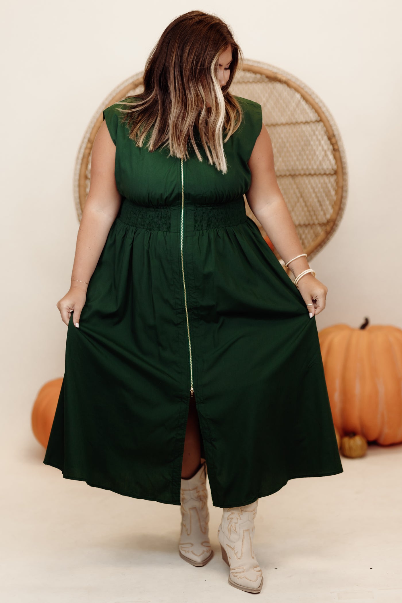 Hunter Green Notch Neck Zipper Detail Midi Dress