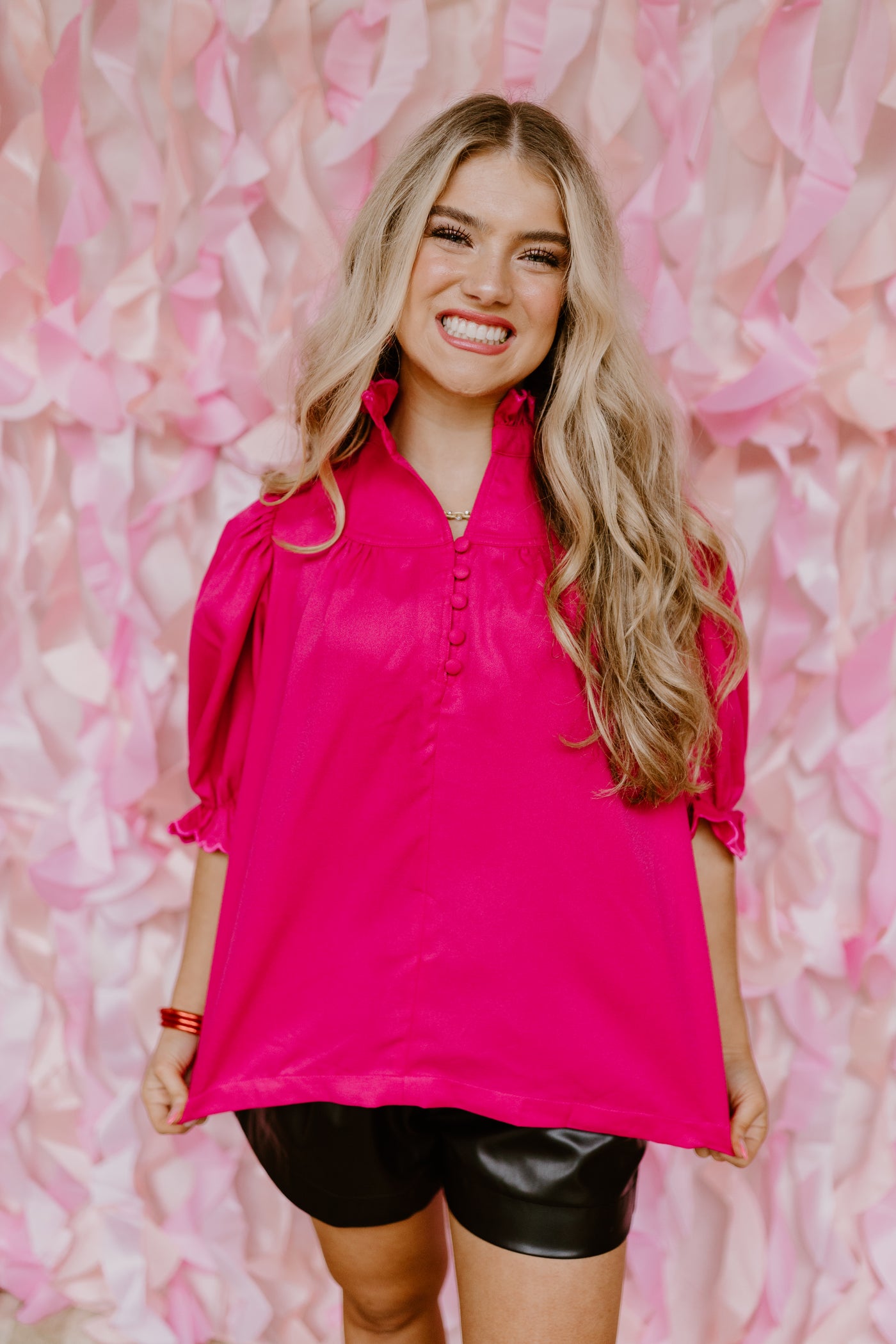 Hot Pink Scalloped High Neck Button Blouse