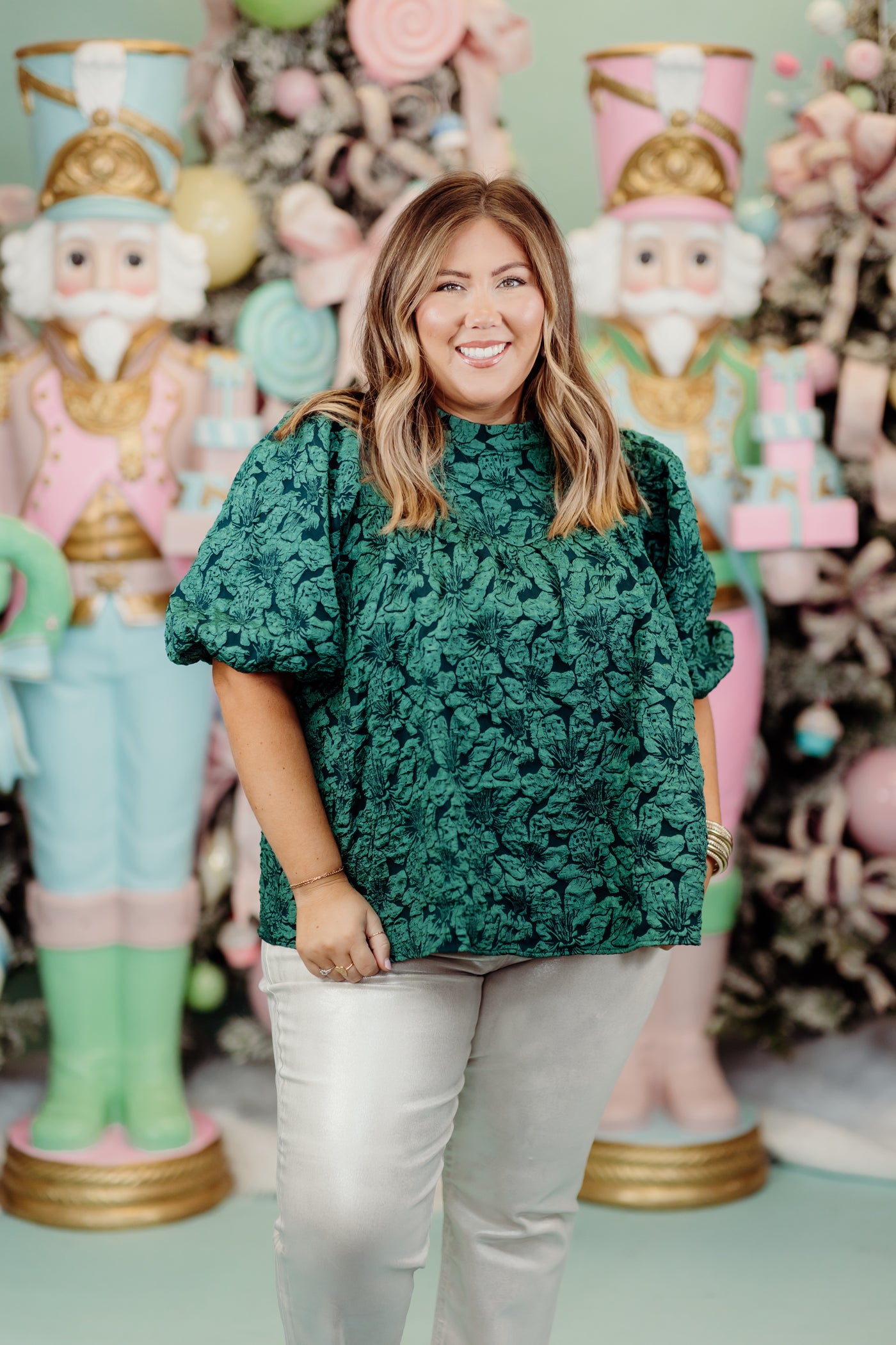 Hunter Green Floral Jacquard Puff Sleeve Blouse