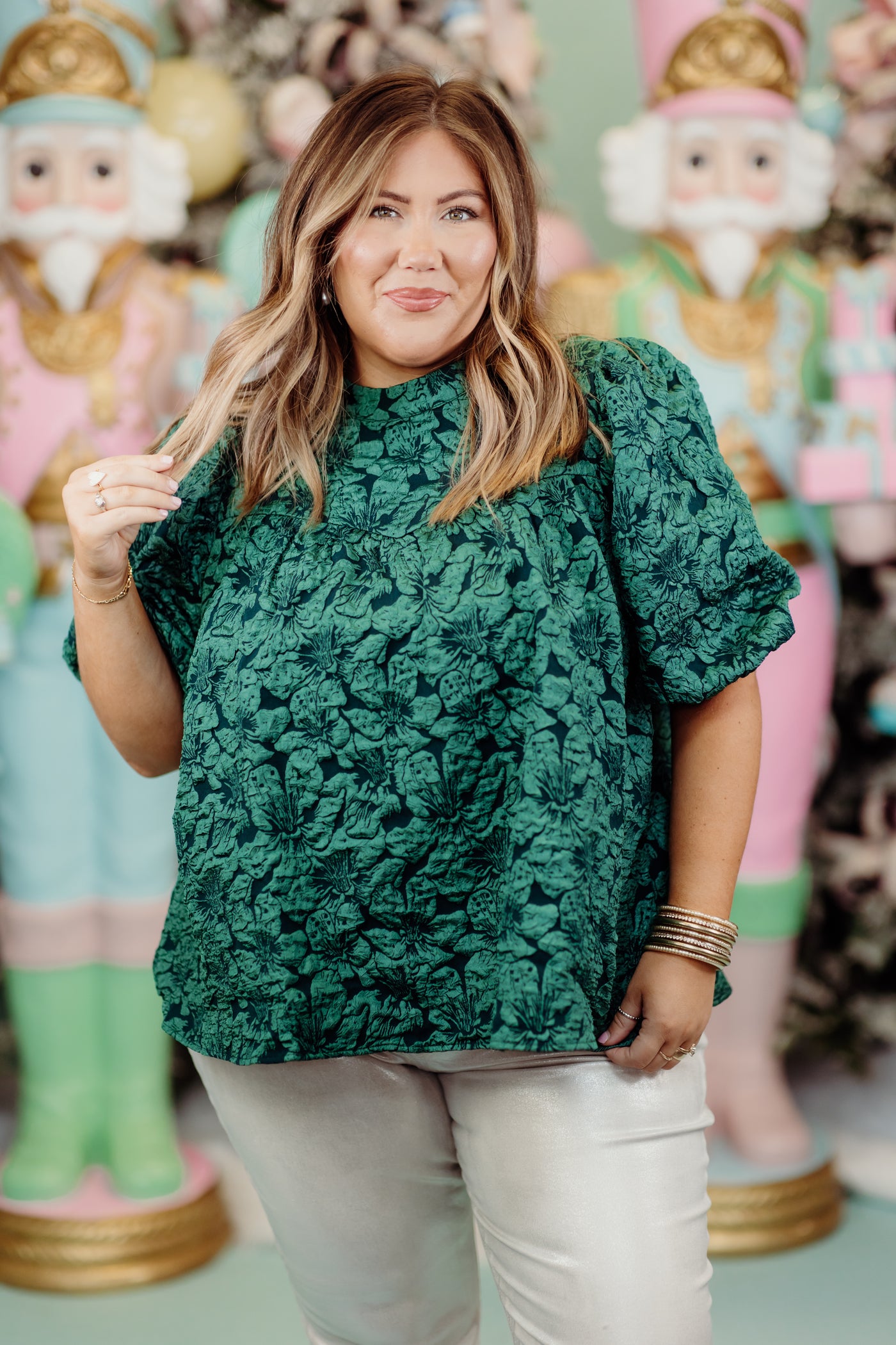 Hunter Green Floral Jacquard Puff Sleeve Blouse