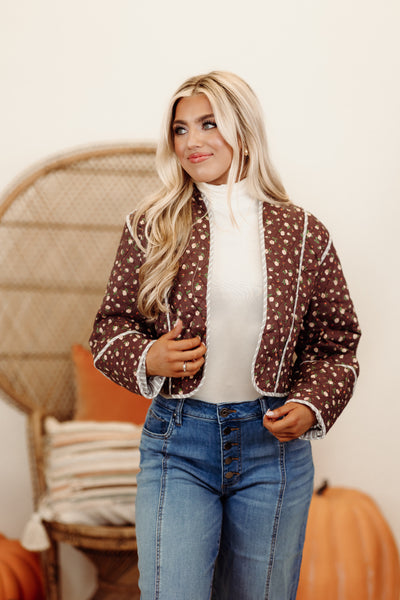 Chocolate Floral Quilted Open Front Jacket