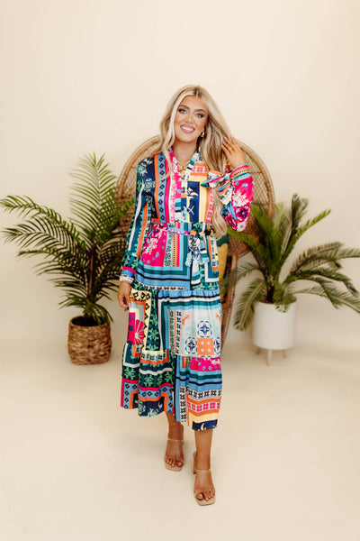 Multicolor Printed Long Sleeve Belted Midi Dress