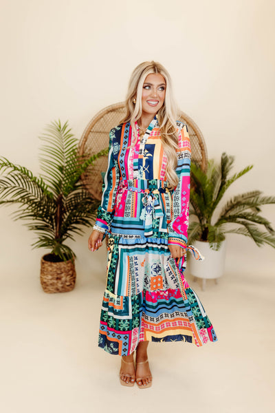 Multicolor Printed Long Sleeve Belted Midi Dress