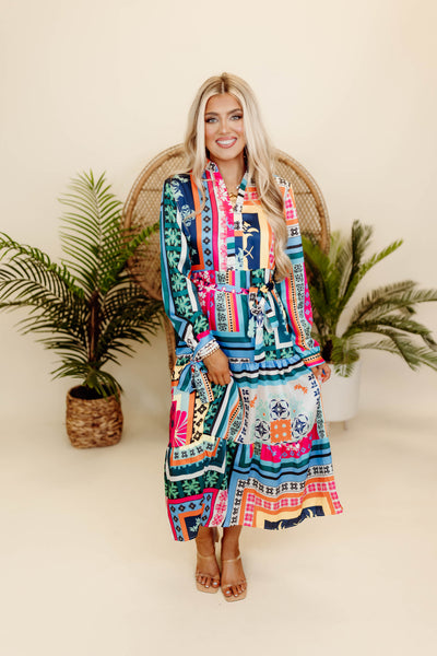 Multicolor Printed Long Sleeve Belted Midi Dress