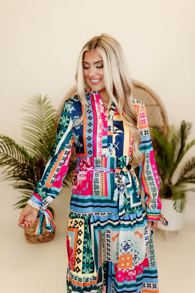 Multicolor Printed Long Sleeve Belted Midi Dress