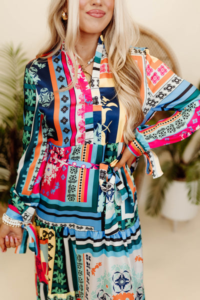 Multicolor Printed Long Sleeve Belted Midi Dress