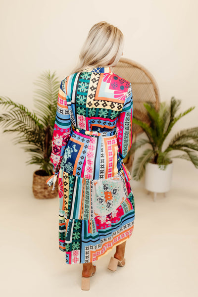 Multicolor Printed Long Sleeve Belted Midi Dress