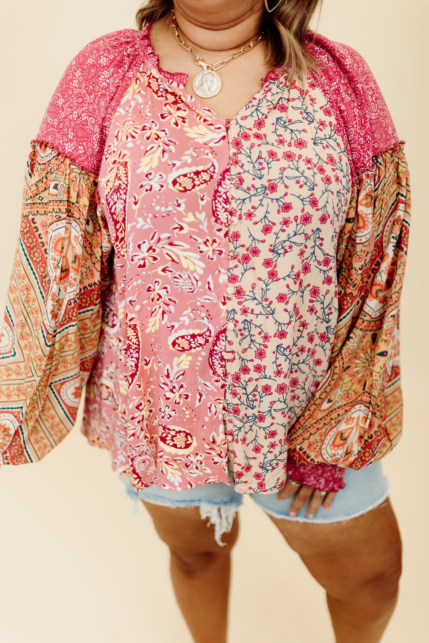 Pink Multi Mix Print Button Up Blouse