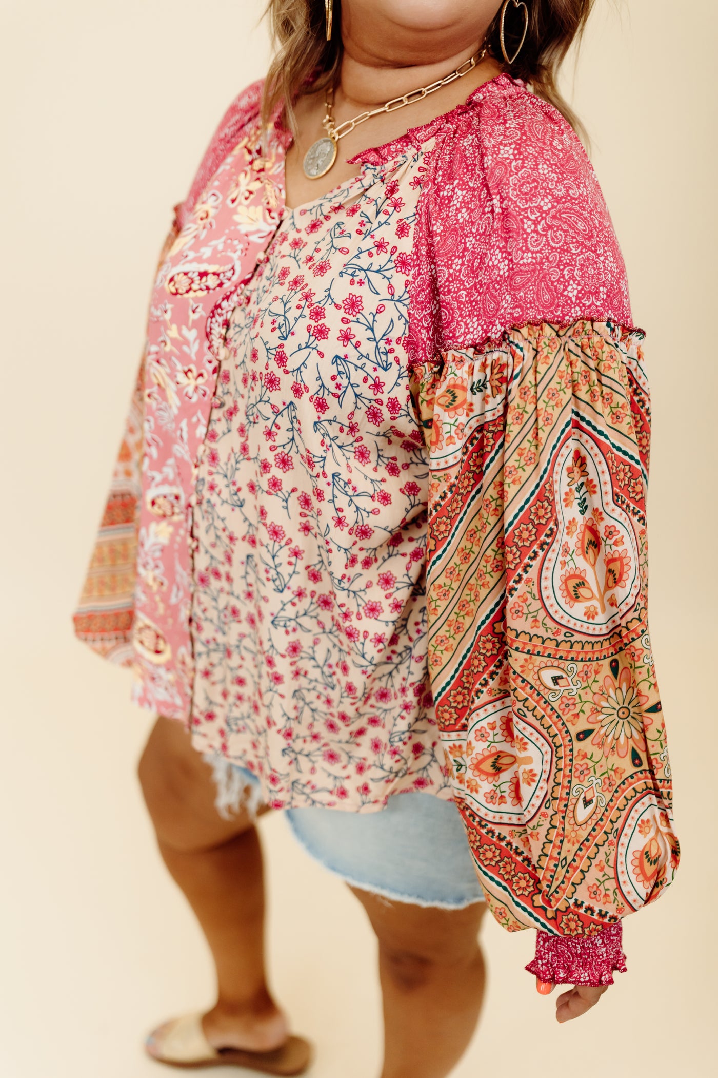 Pink Multi Mix Print Button Up Blouse