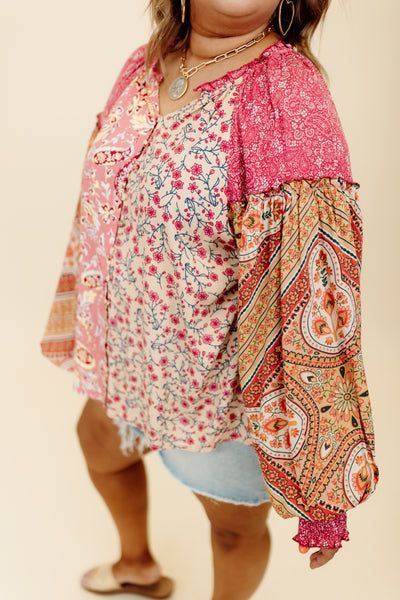 Pink Multi Mix Print Button Up Blouse