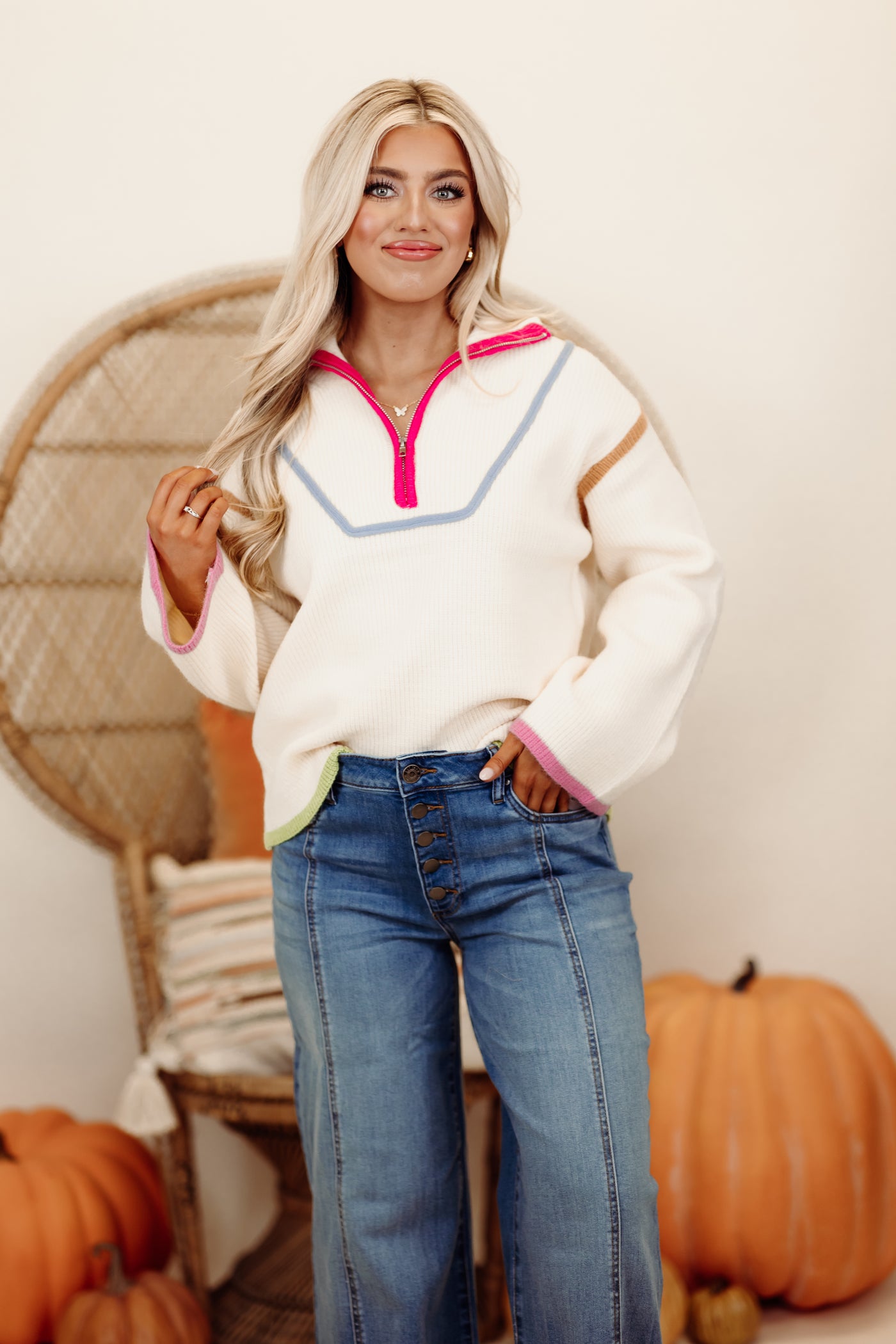 Ecru Contrast Multicolor Ribbed Long Sleeve Quarter Zip Sweater