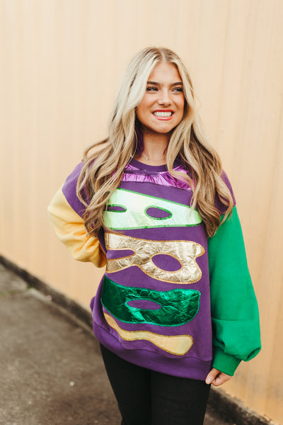 Queen Of Sparkles Colorblock Mardi Gras Metallic Lettering Sweatshirt