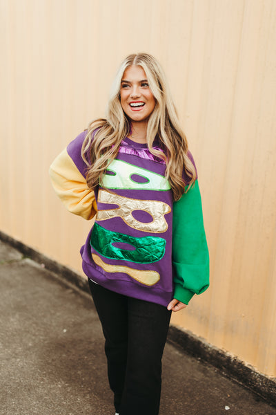 Queen Of Sparkles Colorblock Mardi Gras Metallic Lettering Sweatshirt
