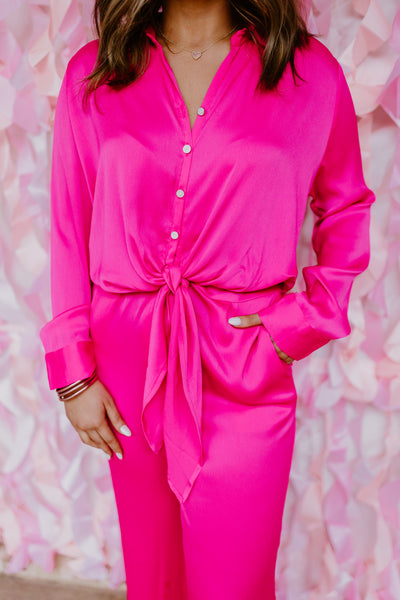 Hot Pink Tie Waist Button Detail Jumpsuit