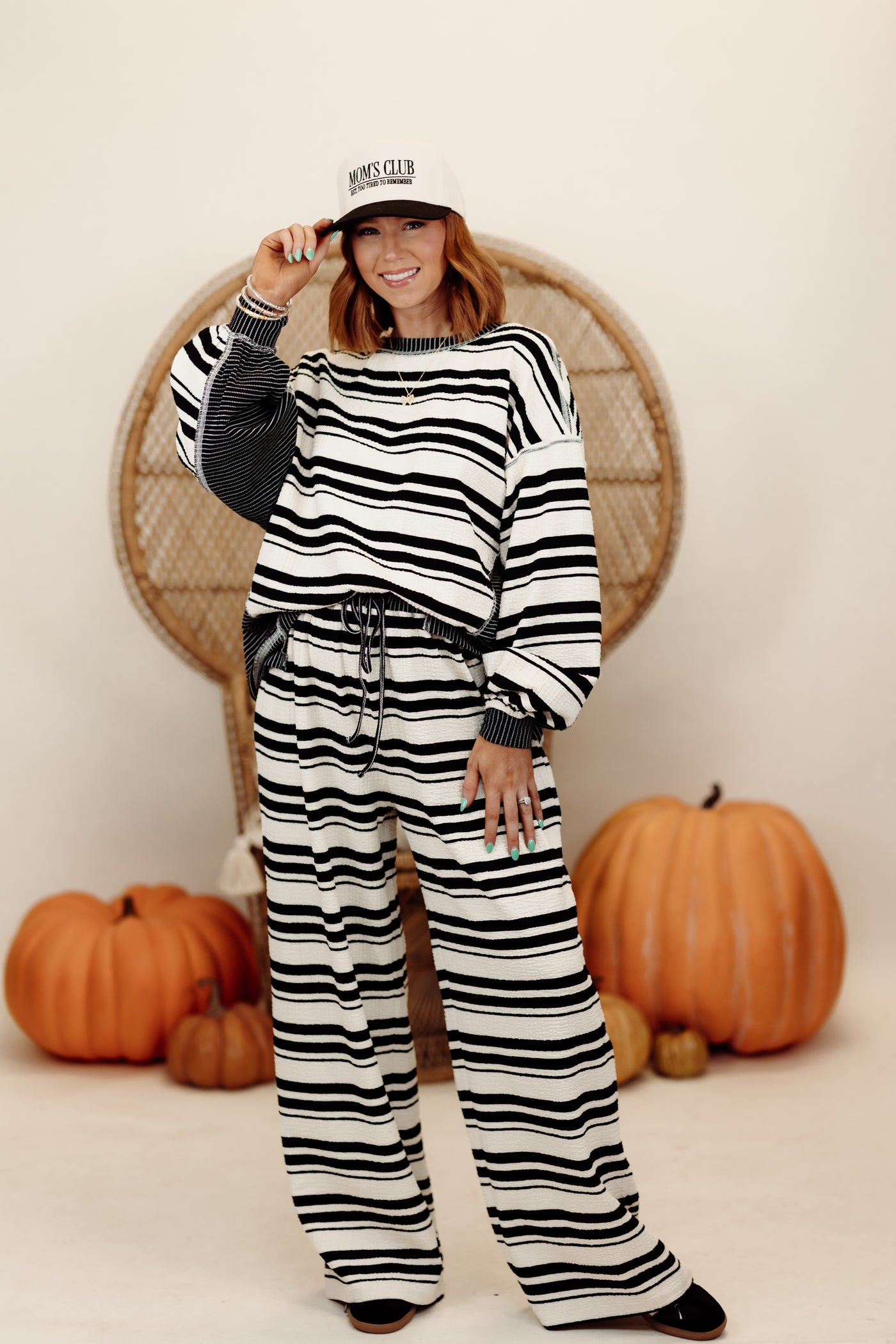 Black and Cream Mixed Stripe Pullover and Wide Leg Pant Set