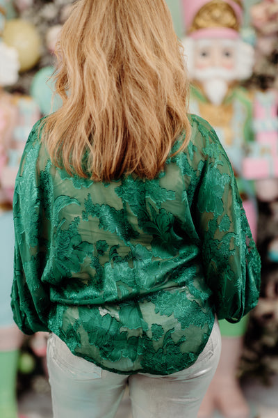 Green Sheer Floral Button Down Blouse