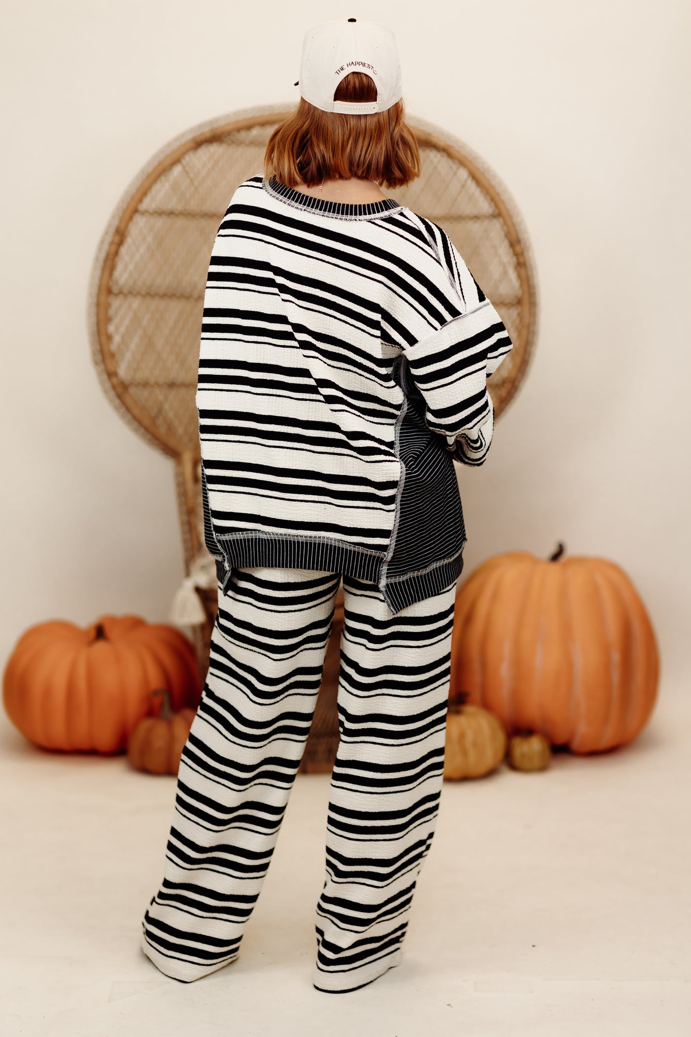 Black and Cream Mixed Stripe Pullover and Wide Leg Pant Set