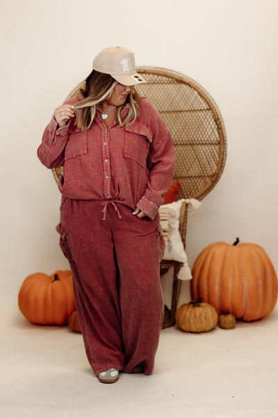 Raspberry Gauze Oversized Button Down Hoodie and Pant Set