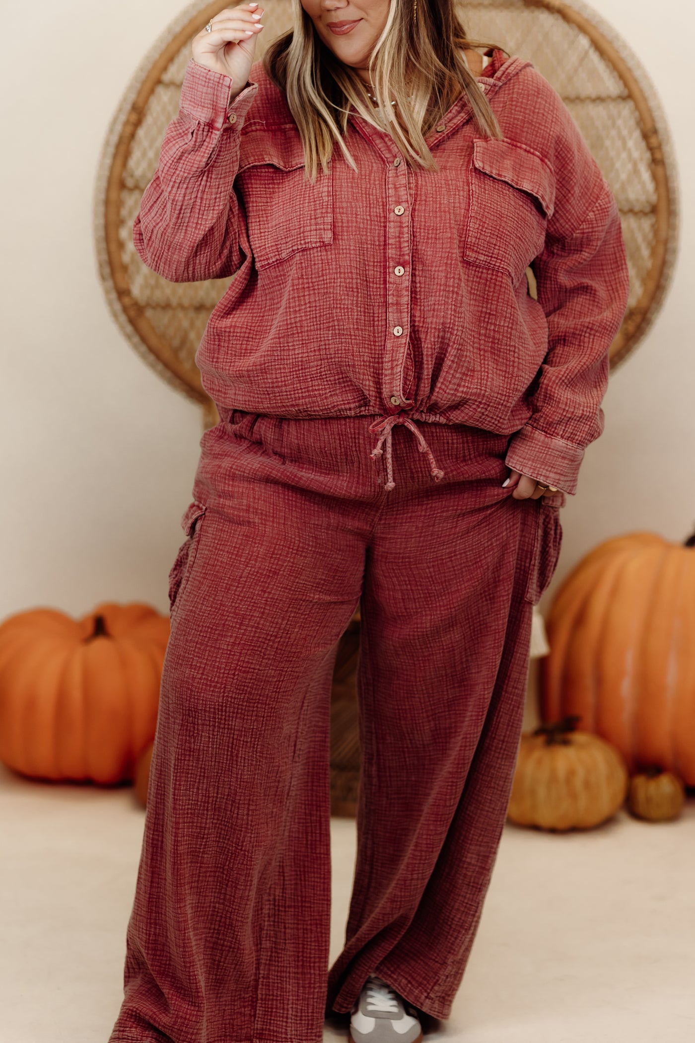 Raspberry Gauze Oversized Button Down Hoodie and Pant Set