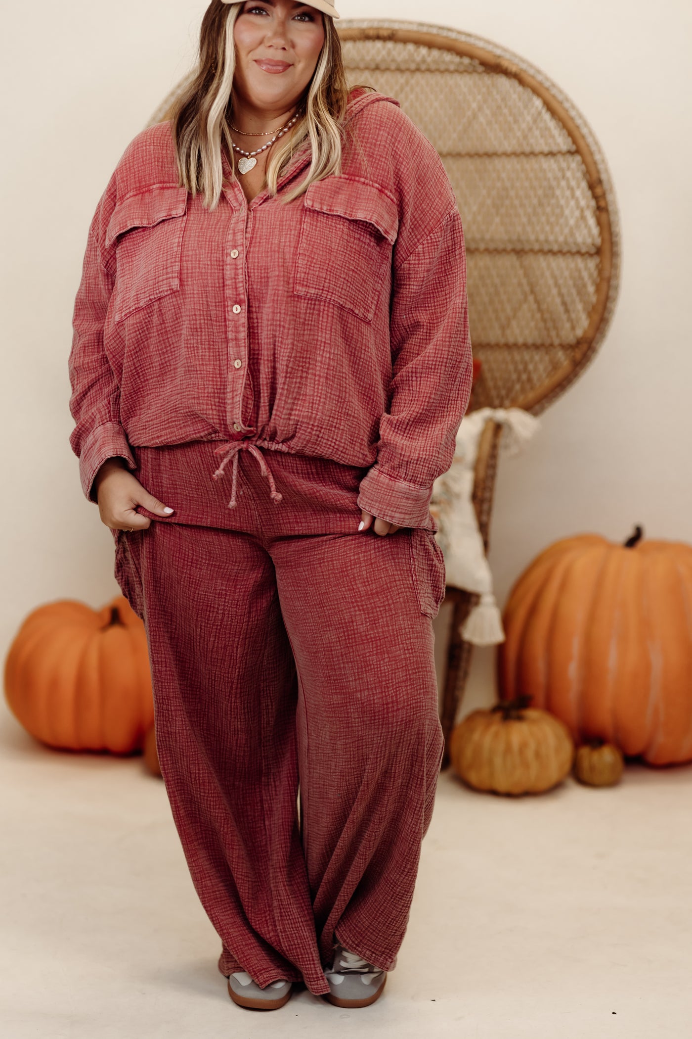 Raspberry Gauze Oversized Button Down Hoodie and Pant Set