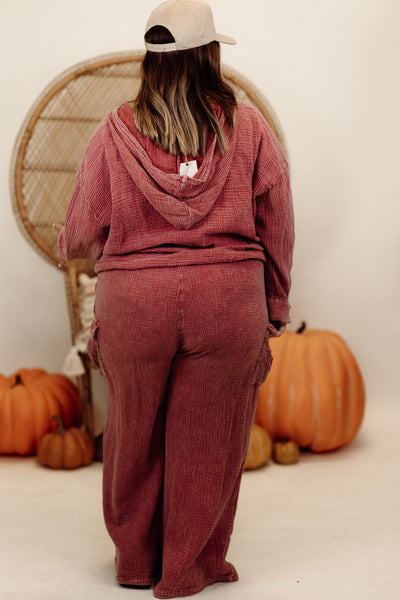 Raspberry Gauze Oversized Button Down Hoodie and Pant Set