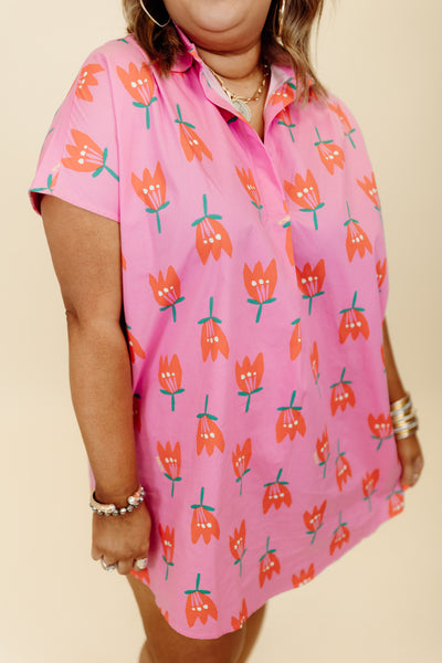 Karlie Strawberry Poplin Poppy V-Neck Shirt Dress