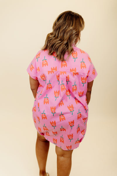 Karlie Strawberry Poplin Poppy V-Neck Shirt Dress