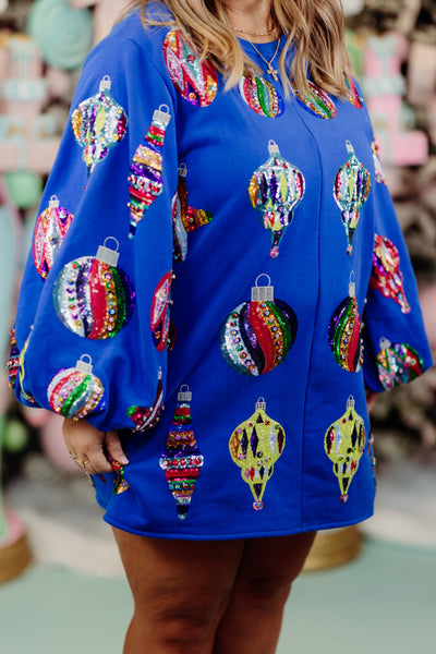 Queen of Sparkles Blue Multi Color Ornaments Balloon Sleeve Dress