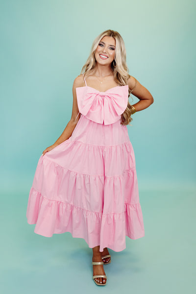 Candy Pink Bow Front Tiered Midi Dress