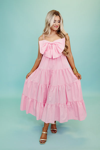 Candy Pink Bow Front Tiered Midi Dress