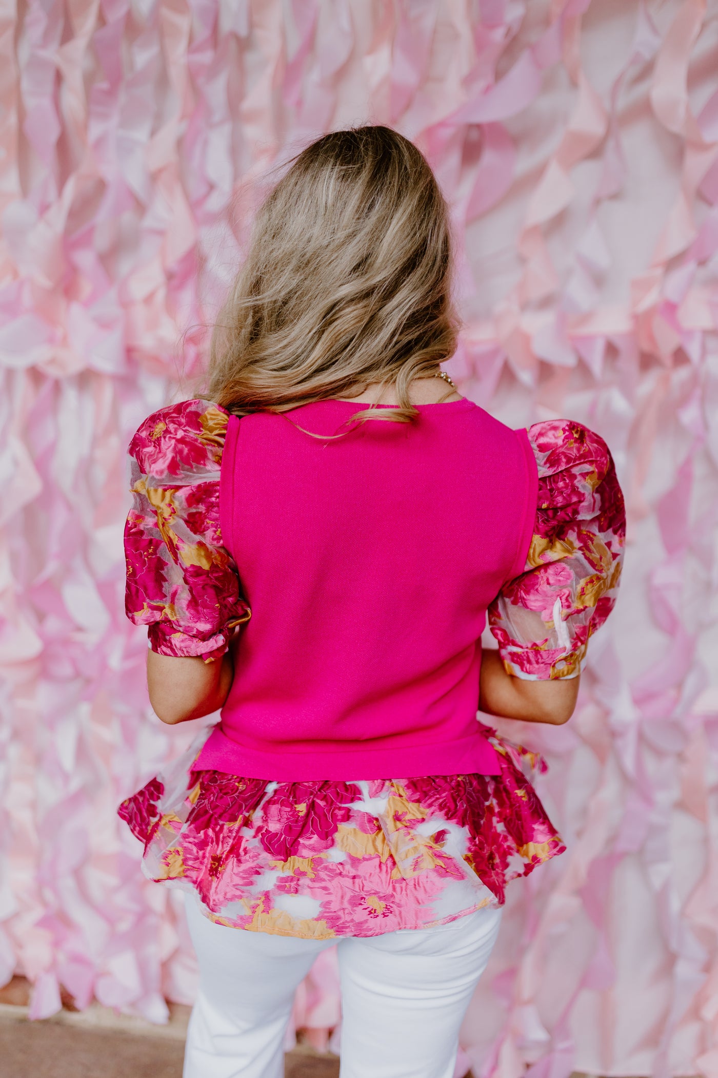 Hot Pink Knit Floral Jacquard Detail Layered Top