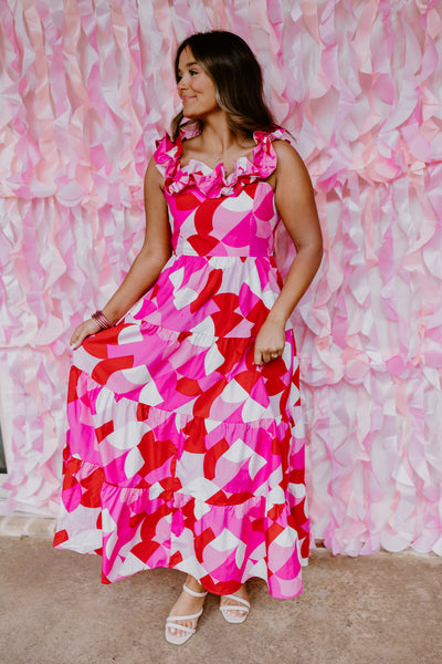 Pink and Red Geo Print Ruffled Woven Maxi Dress