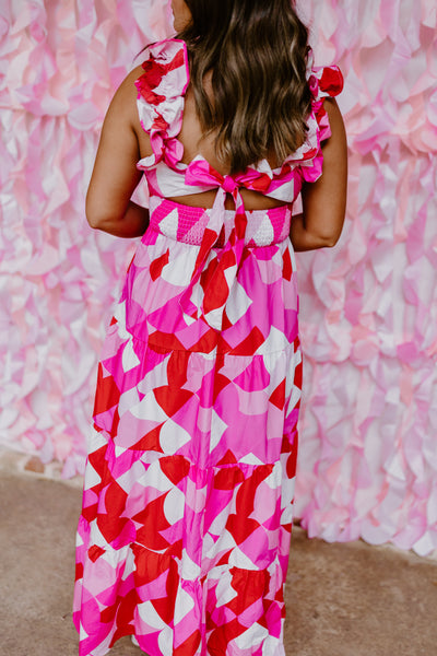 Pink and Red Geo Print Ruffled Woven Maxi Dress